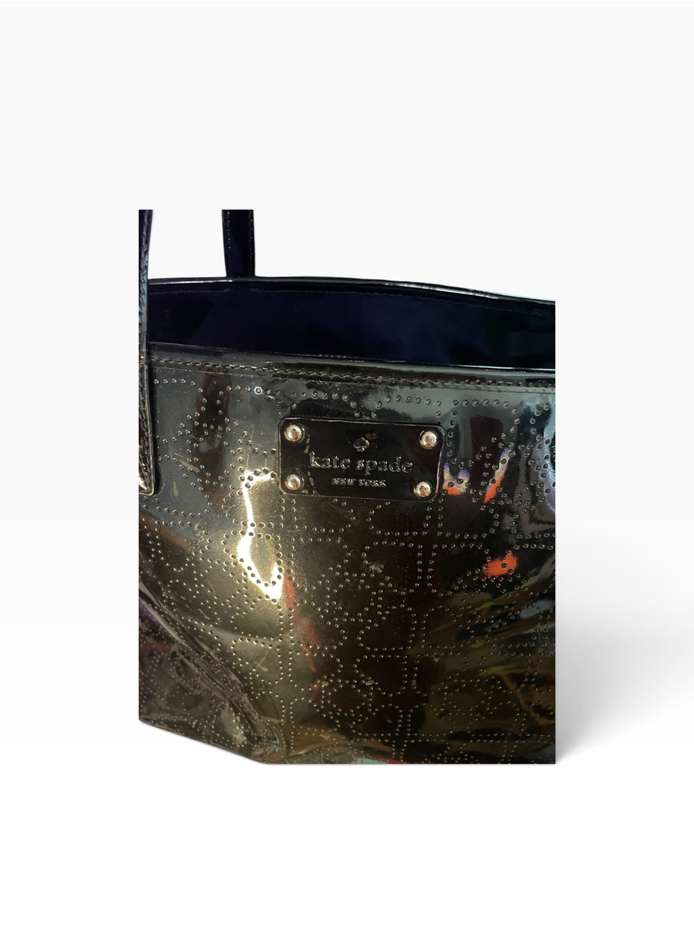 Kate Spade Black Patent Perforated Spade Logo Large Tote Bag - Picture 2 of 12